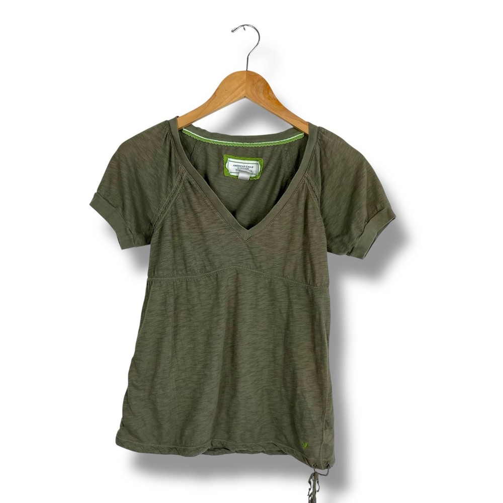 Vtg Y2K American Eagle Outfitters V Neck Babydoll Top Empire Cut XS Green 2000s