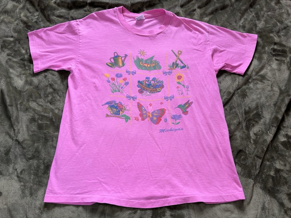 Gardening Shirt Mens XL Pink Anvil Michigan Gardener Butterfly Bird Vintage 90s