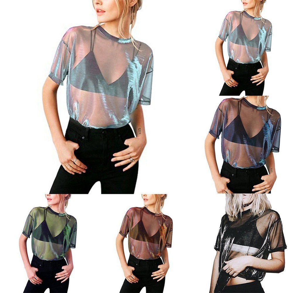 Trendy Women's Sexy Shiny Sheer Mesh Top T Shirt Casual Blouse Tee Clubwear