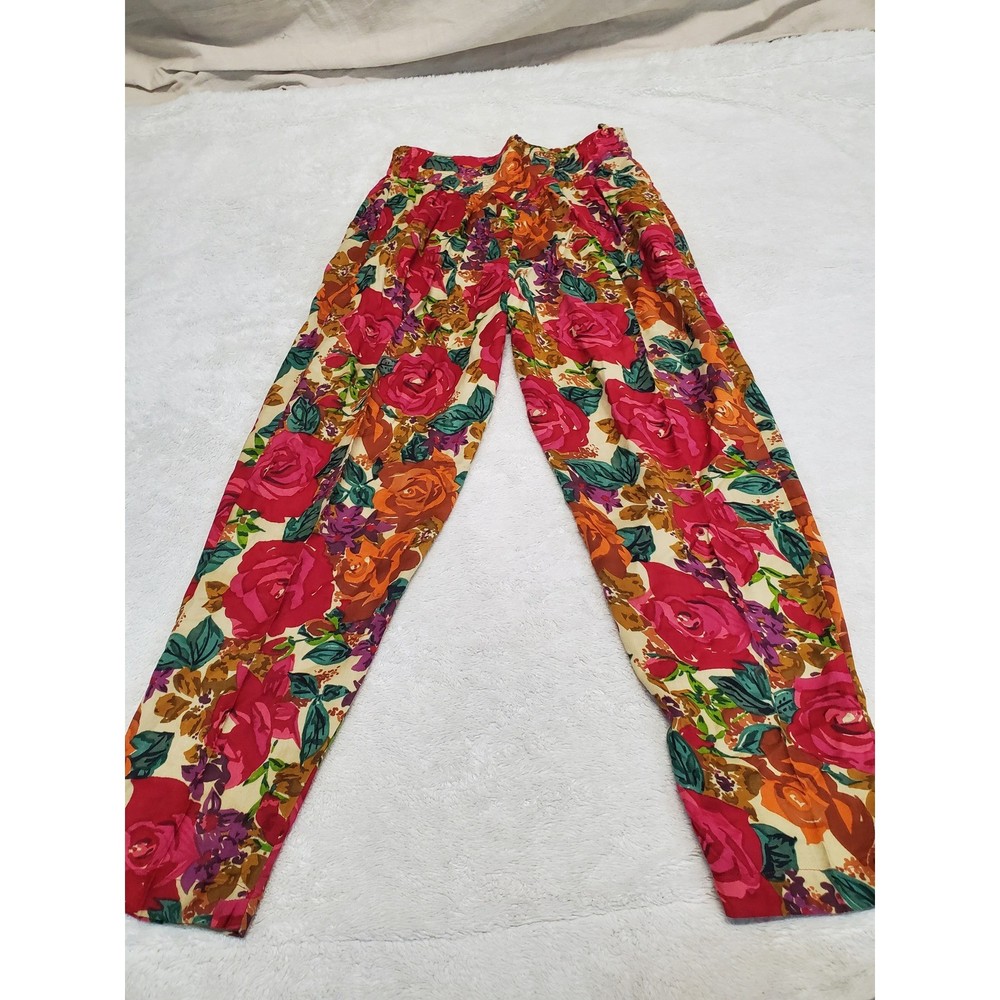 Vintage Floral Print High Rise Waist Tapered Pants Grandma Retro  Artsy Casual