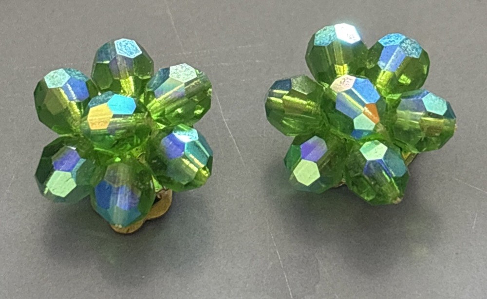 Vintage Cluster Green Bead Clip On Earrings with an aurora borealis finish
