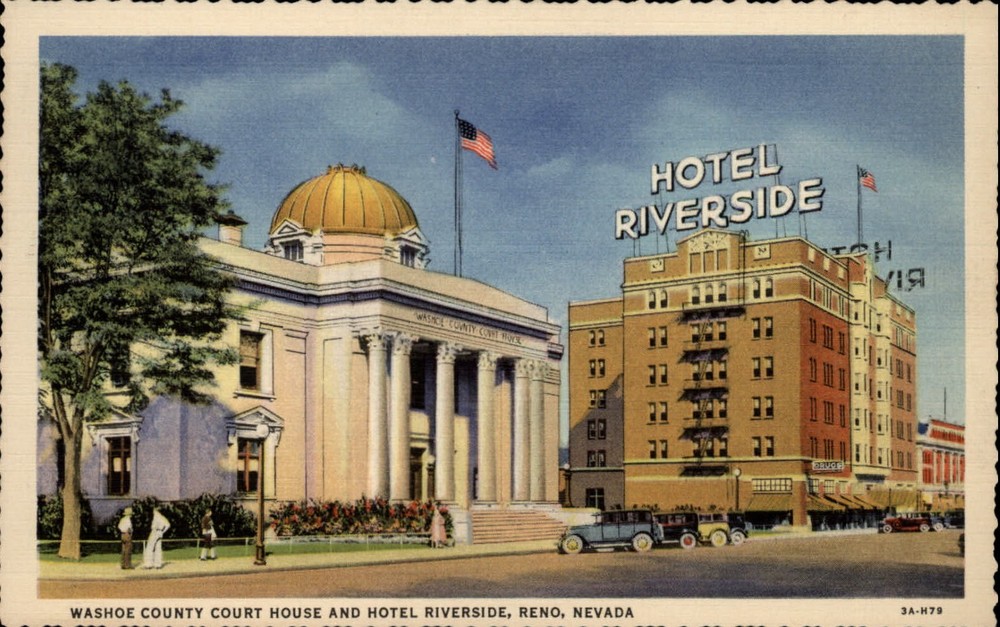 Washoe County Court House & Hotel Riverside Reno Nevada ~ 1930s linen postcard