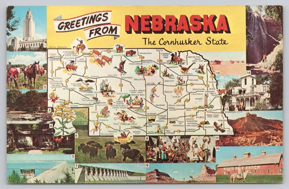 Nebraska Cornhusker State Map, Greetings Landmarks Attractions, Vintage Postcard