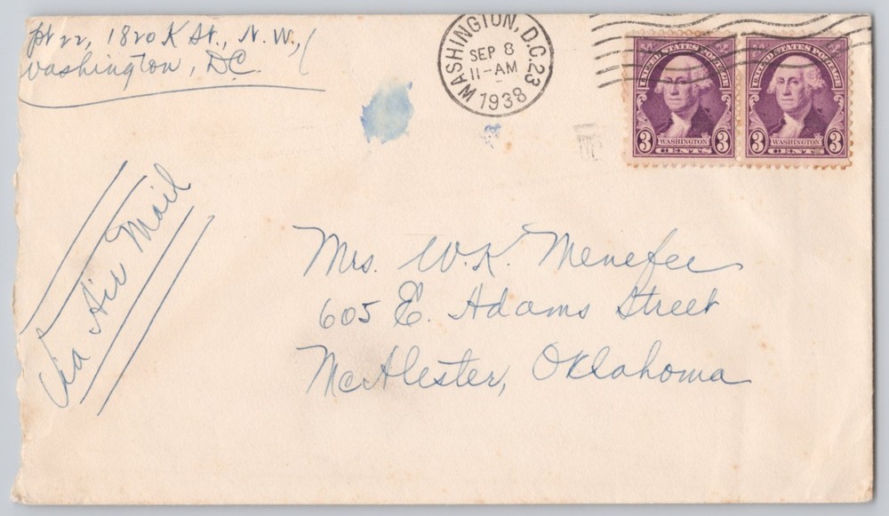 Washington, D.C., Addressed cover with two 3c stamps 1938 Postal History