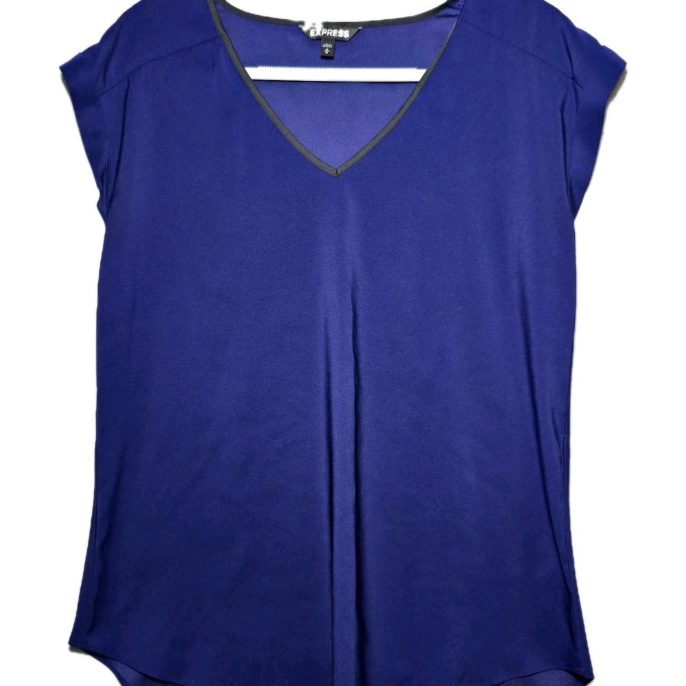 Express Blouse Large Royal Blue with Black Trim V Neck Short Cuff Sleeve Women’s