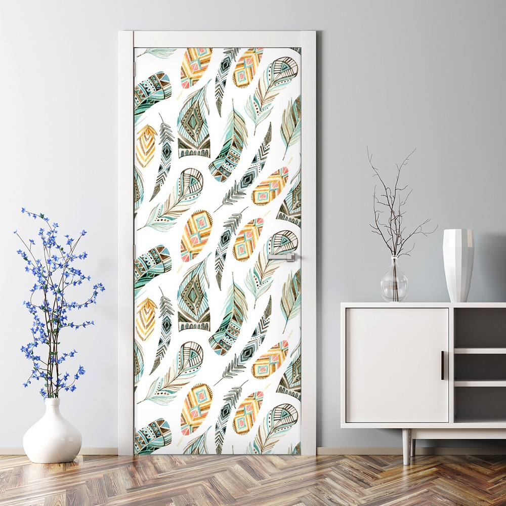 Bubble Free Door sticker  Ethnic Watercolour Feathers Nursery Kids room pattern