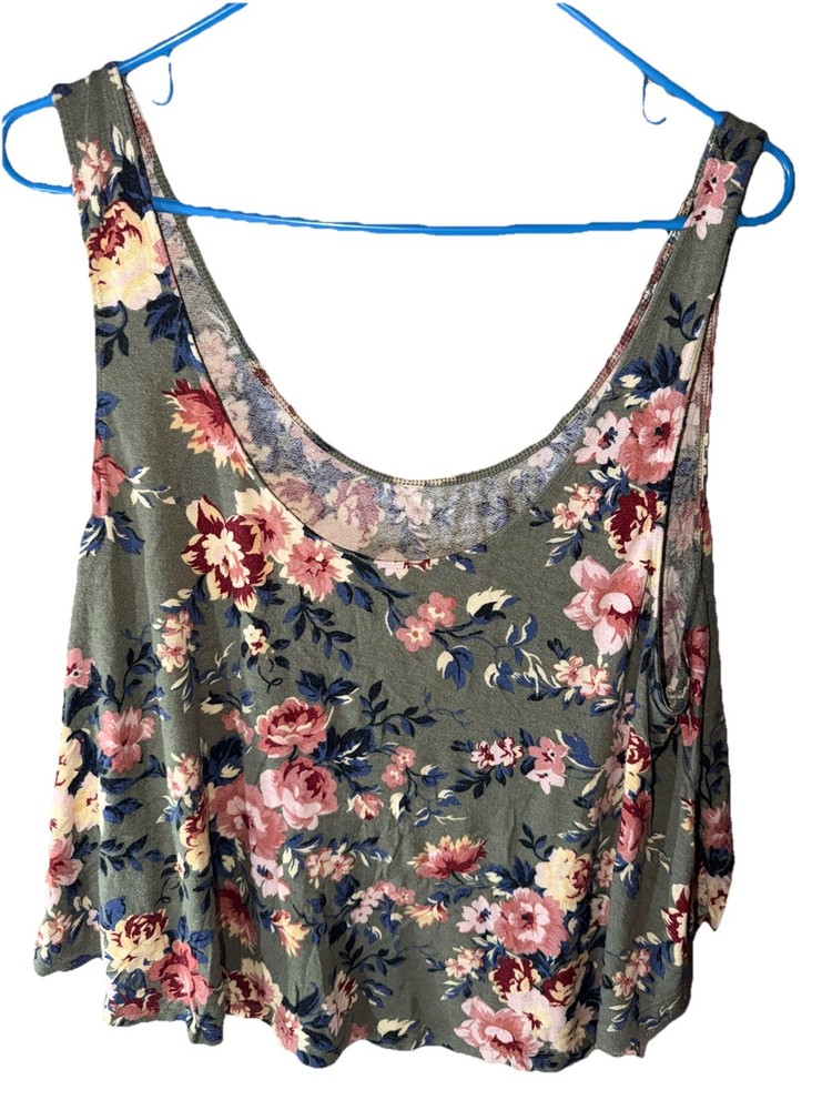 Green Pink Floral Cropped Sleeveless Tank Scoop Neck Women’s XL