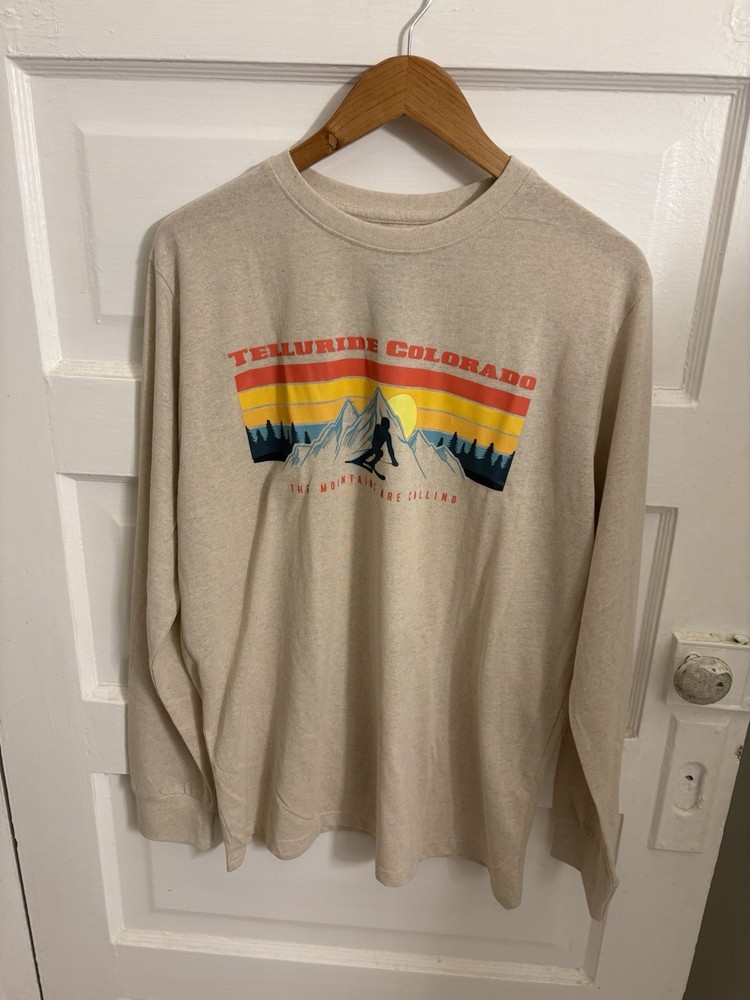 Ski Telluride T Shirt Mens Size Large Beige Colorado Mountains Are Calling - NWT
