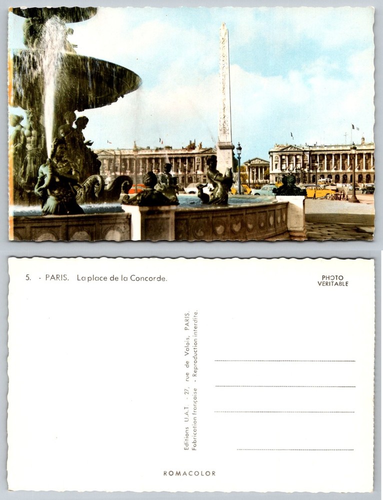 Paris Place de la Concorde Fountain Obelisk Vintage RPPC Postcard ROMACOLOR