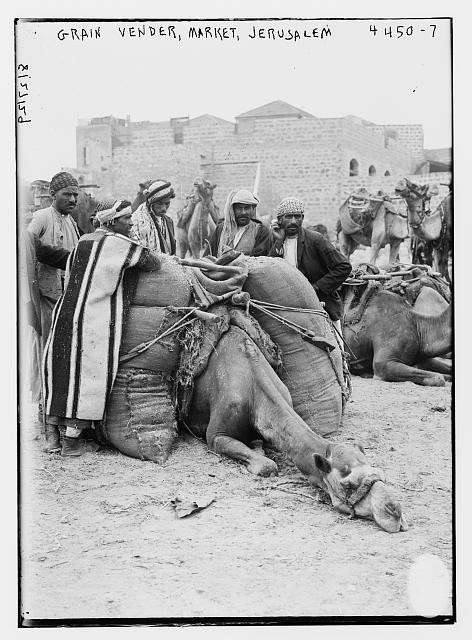 Photo:Jerusalem Palestine 1929 Arab Grain Vendors with Camels Market