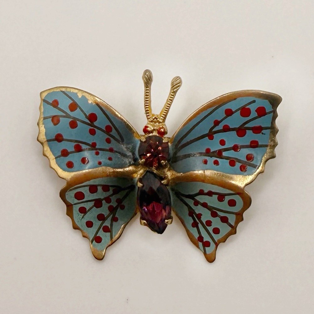 Vintage Enamel Butterfly Brooch Blue Wings With Purple Rhinestone Body Pin