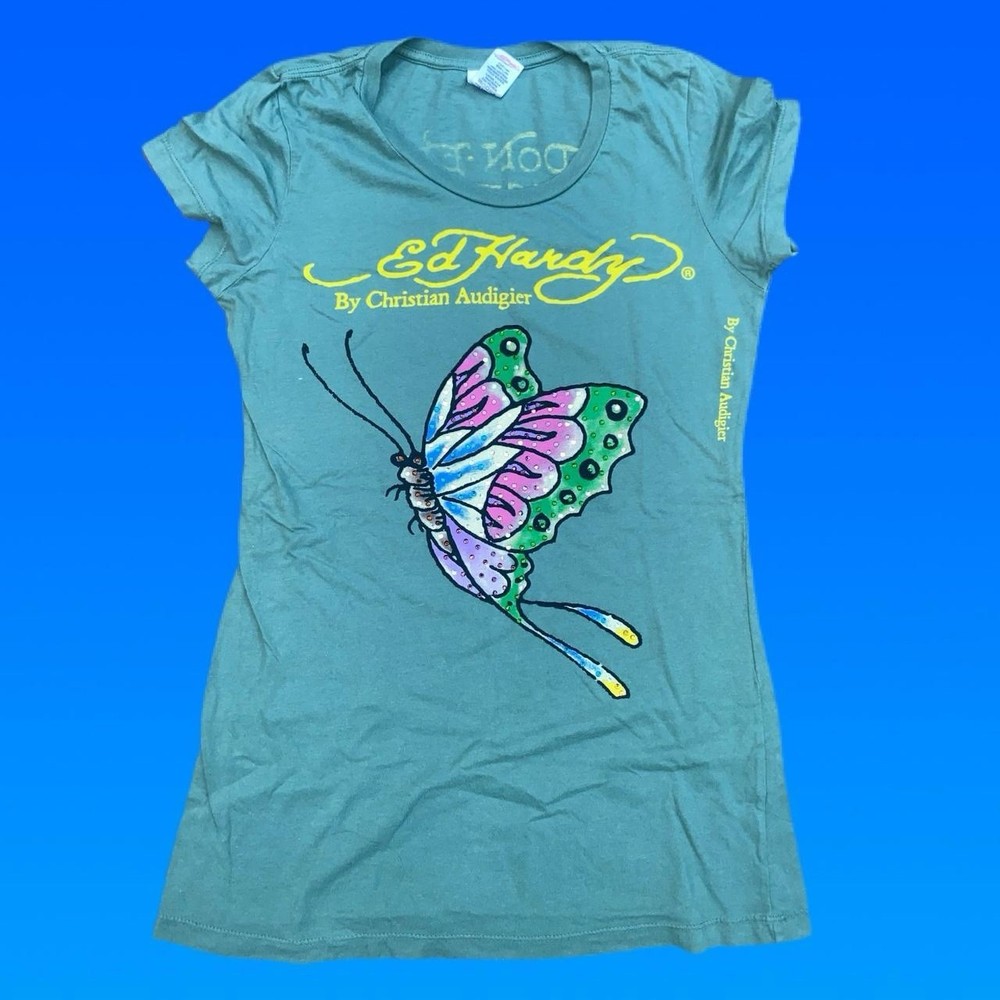 Ed Hardy Women's T-Shirt Y2K MCBLING RHINESTONR BUTTERFLY