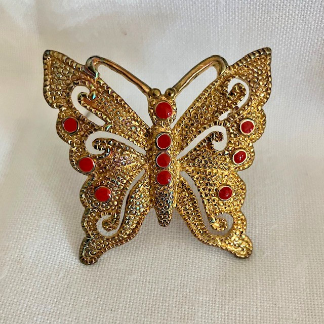 Vintage Gold tone Butterfly Brooch w/ Red Rhinestones