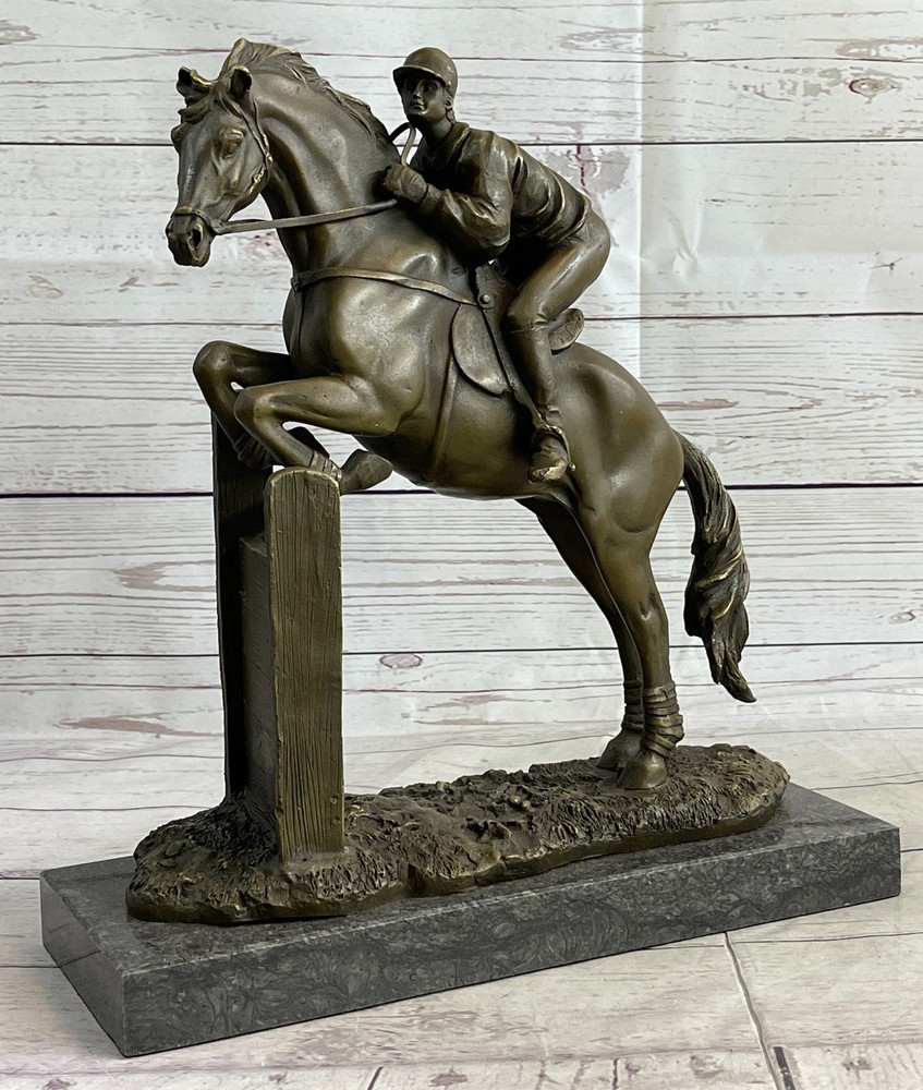SIGNED ORIGINAL JOCKEY WITH HORSE BRONZE MARBLE SPORT HOT CAST SCULPTURE FIGURE