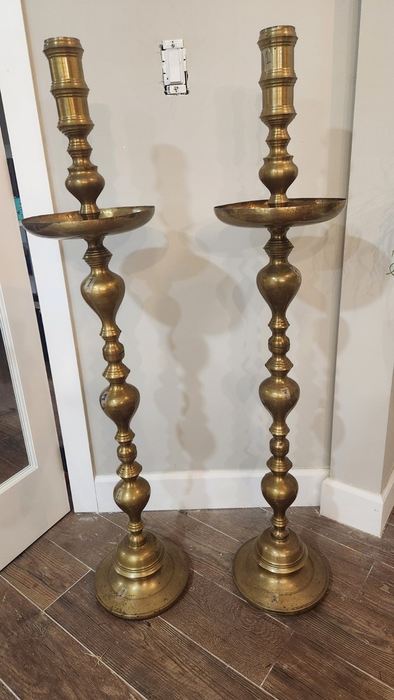 Vintage Moroccan Brass Pillar Floor Altar Candlesticks Candle Holders x2