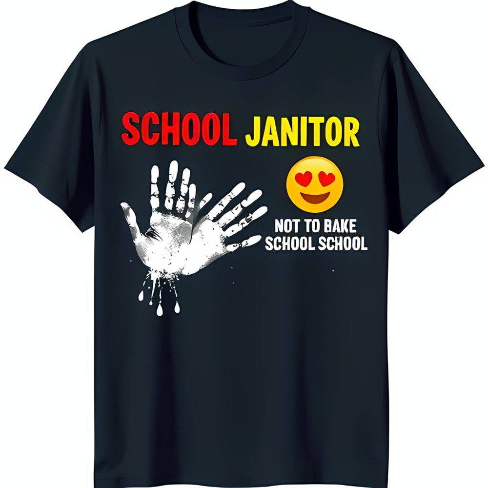 Funny School Janitor T-Shirt with & Handprint Graphic Dark Blue