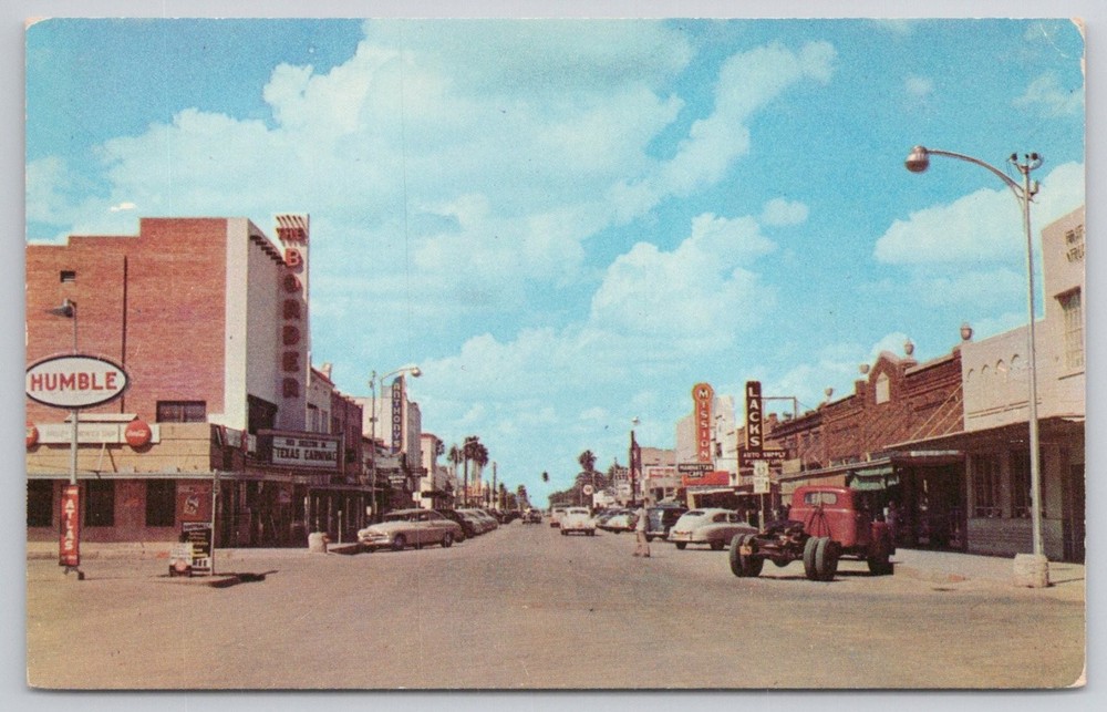 Main Street Mission Texas 1950s Humble Oil Cars Dextone Postcard