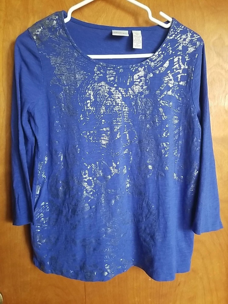 Zenergy By Chico's Top Tee Size 0 Sm 3/4 Sleeves Blue Silver Cotton Modal