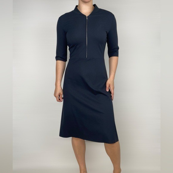 COS Front Zip Half Sleeve Fit and Flare MIDI Dress Navy Casual
