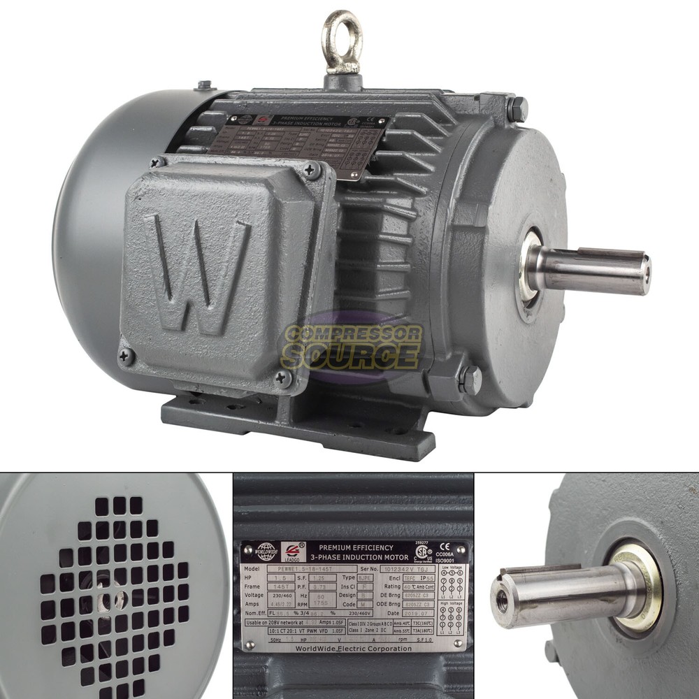 1.5 HP 3 Ph Electric Motor 1800 RPM 145T Frame TEFC 230/460V Premium Efficiency
