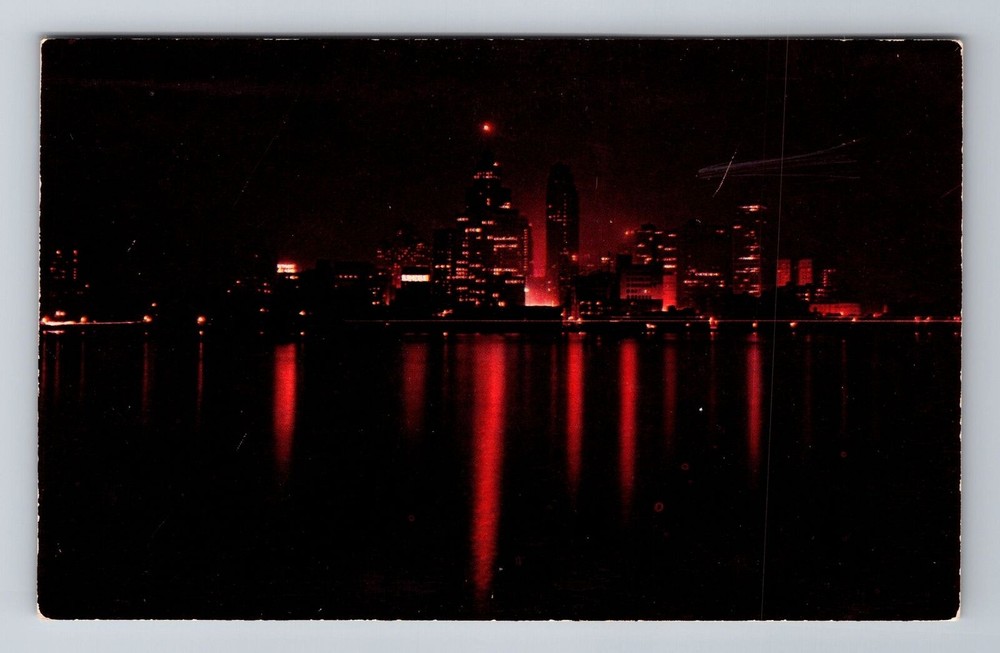 Detroit MI-Michigan, Night Skyline of Detroit, Antique Vintage Souvenir Postcard