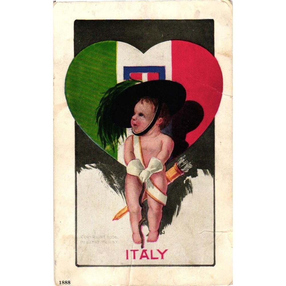VTG 1908 Italy National Cupid Postcard Ullman Mfg Co Series 75 Child Flag Heart