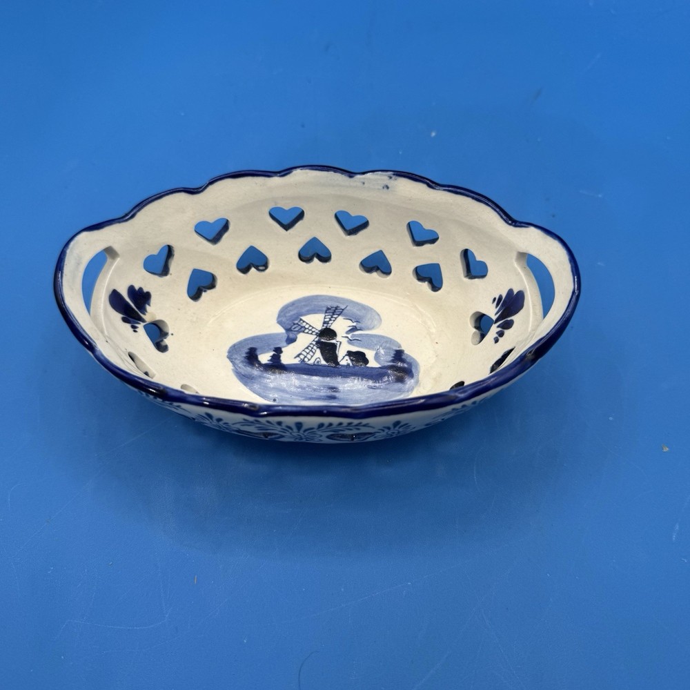 Delft Holland Hand Painted Blue White Heart Pierced Floral Windmill Dish