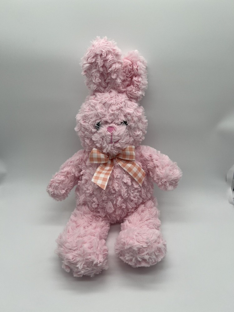 Dan Dee Pink Rabbit Plush Bunny Stuffed Animal Curly Gingham Bow Ribbon Easter