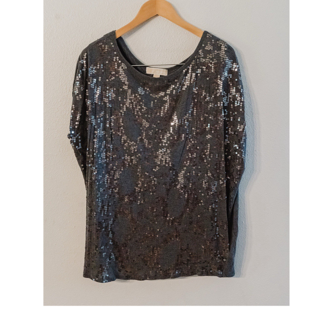 MICHAEL Michael Kors Sequin Knit Pullover Top XL Gray Silver Long Sleeve Party