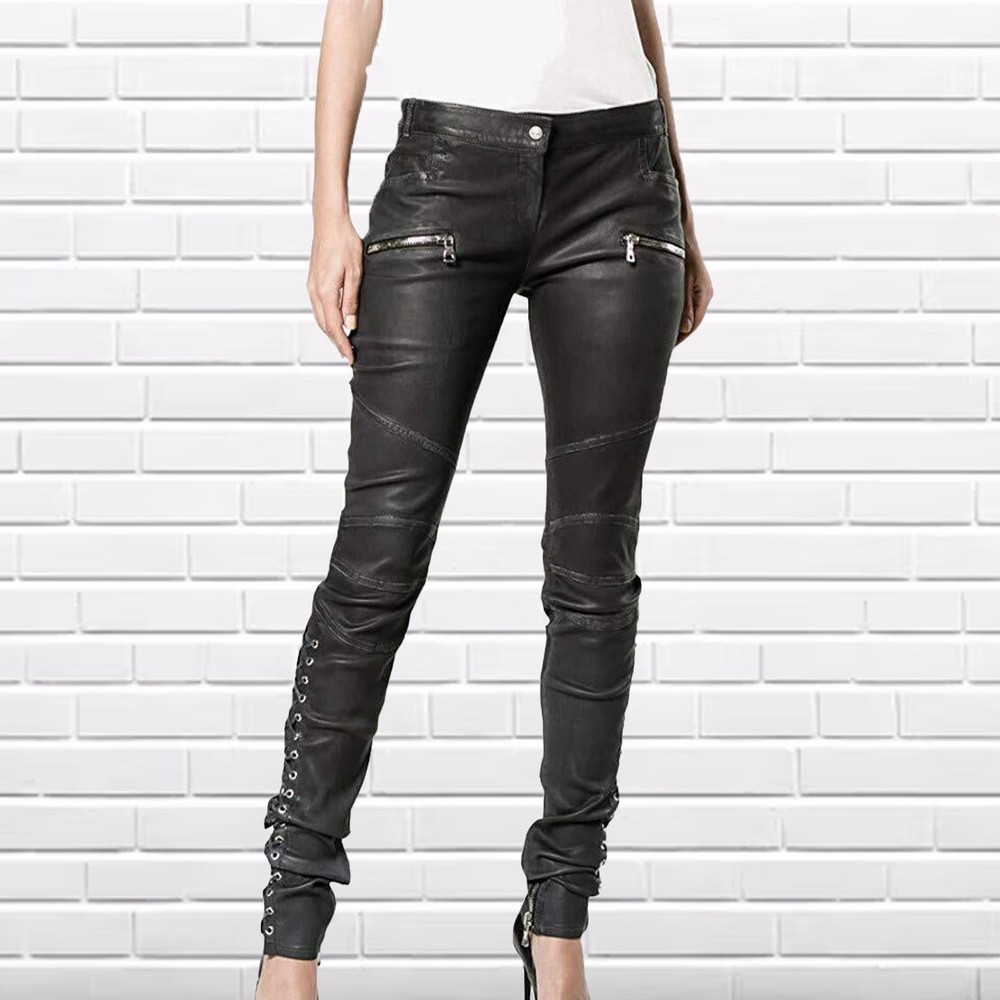 New Women's Lambskin Handmade Premium Pure Leather Pant Black Slim Fit
