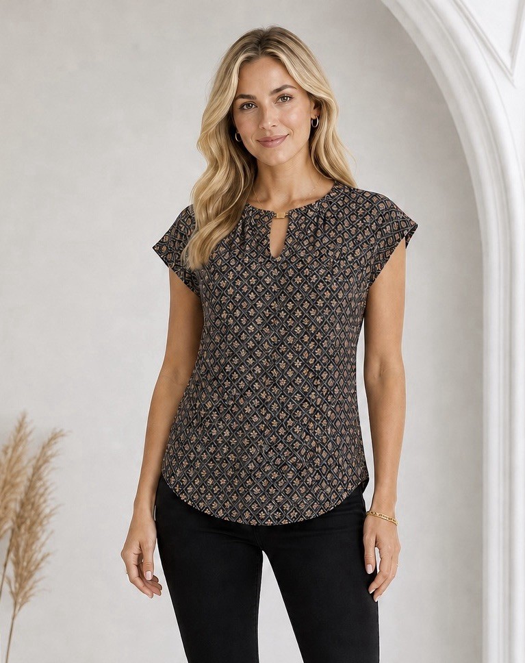 Liz Claiborne Career Womens Floral Cap Sleeve Top Large Gold Buckle Keyhole Neck
