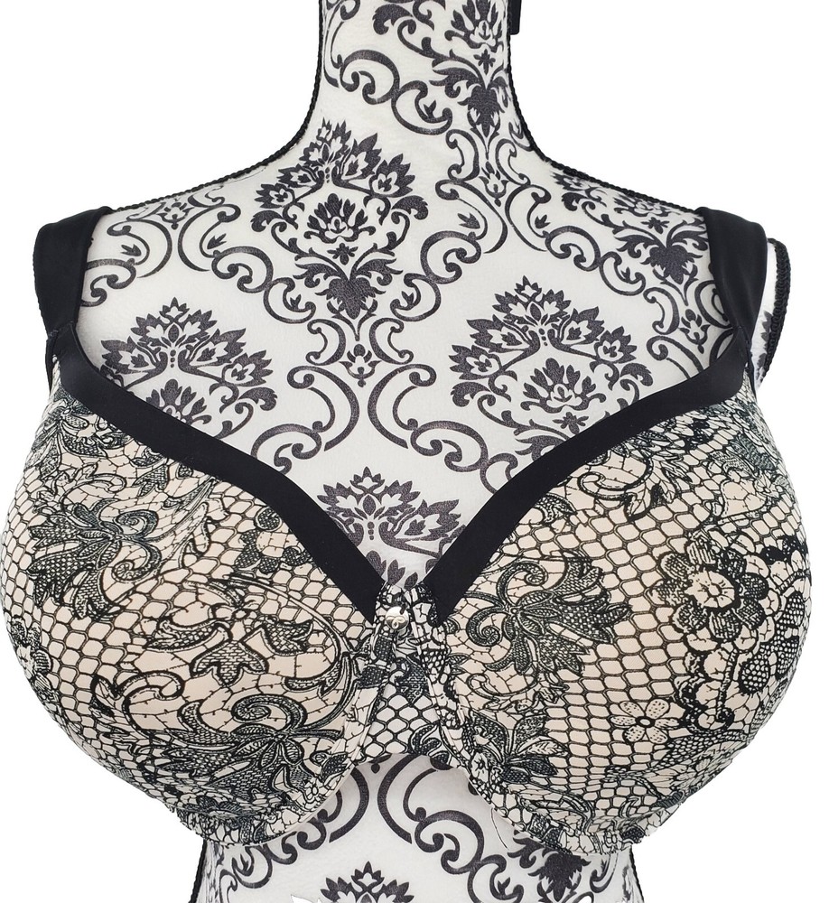 Cacique Lightly Padded Wireless Black & Beige Paisley Floral Print Size 46D Nice