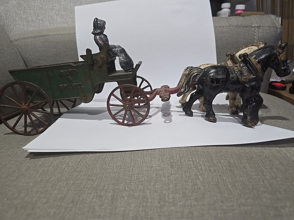 Vintage Cast Iron Horse Drawn Green And Red Wagon Cast Iron Rider