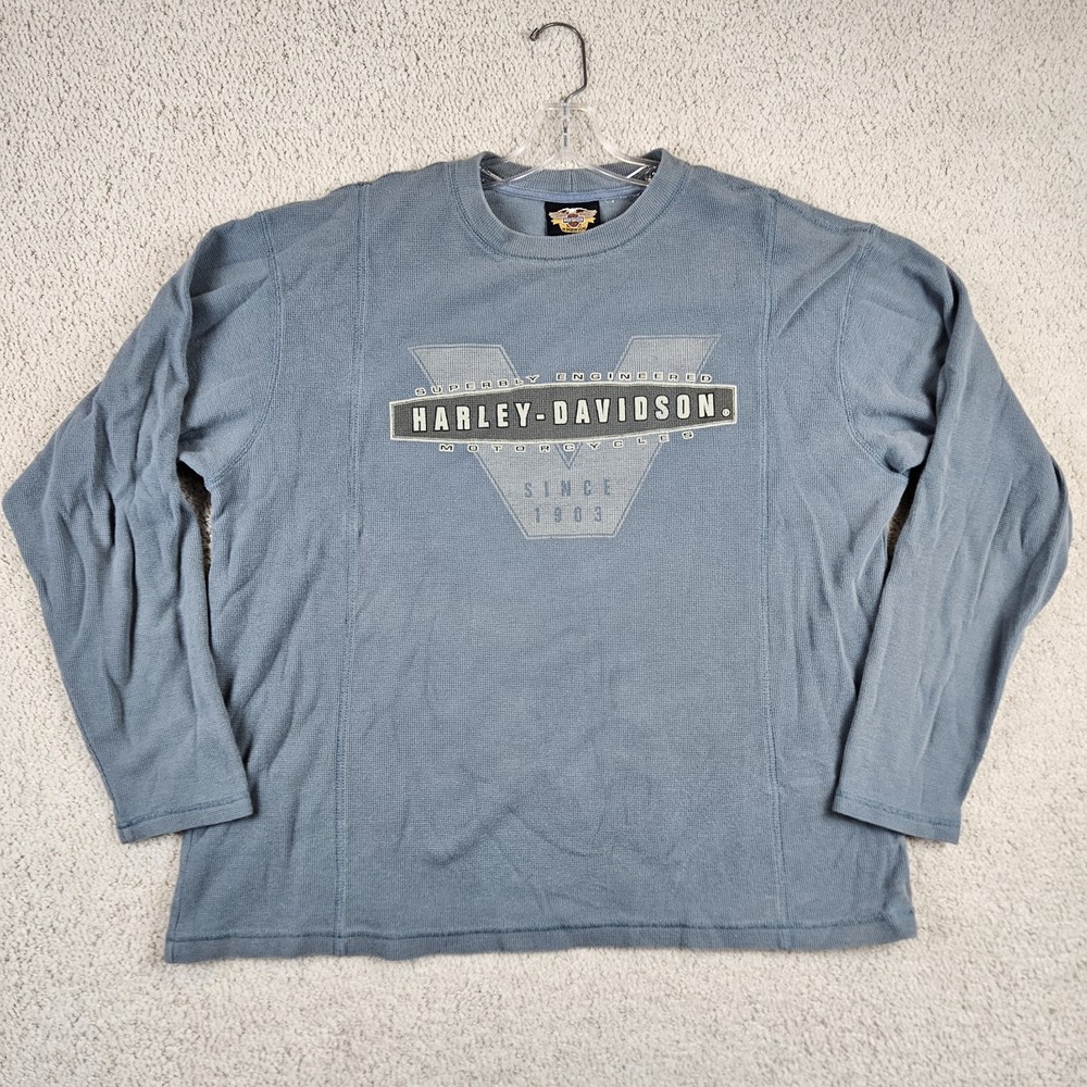 Harley Davidson Thermal Shirt Long Sleeve Blue Graphic Print Mens XL? Logo