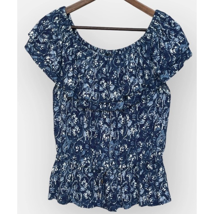 Lauren Ralph Lauren Blue Floral Linen Blend Ruffle Off Shoulder Peplum Top M
