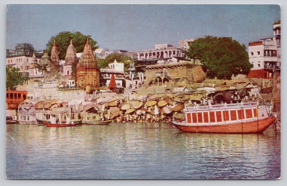 Vintage 1964 Banaras Ghats Varanasi India Ganges River Boats Postcard