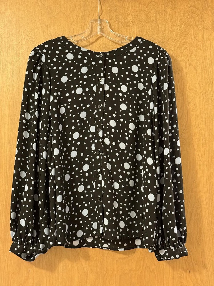 ho What Wear Black White Polka Dot Puff Sleeve Button-Up Blouse Women's XL