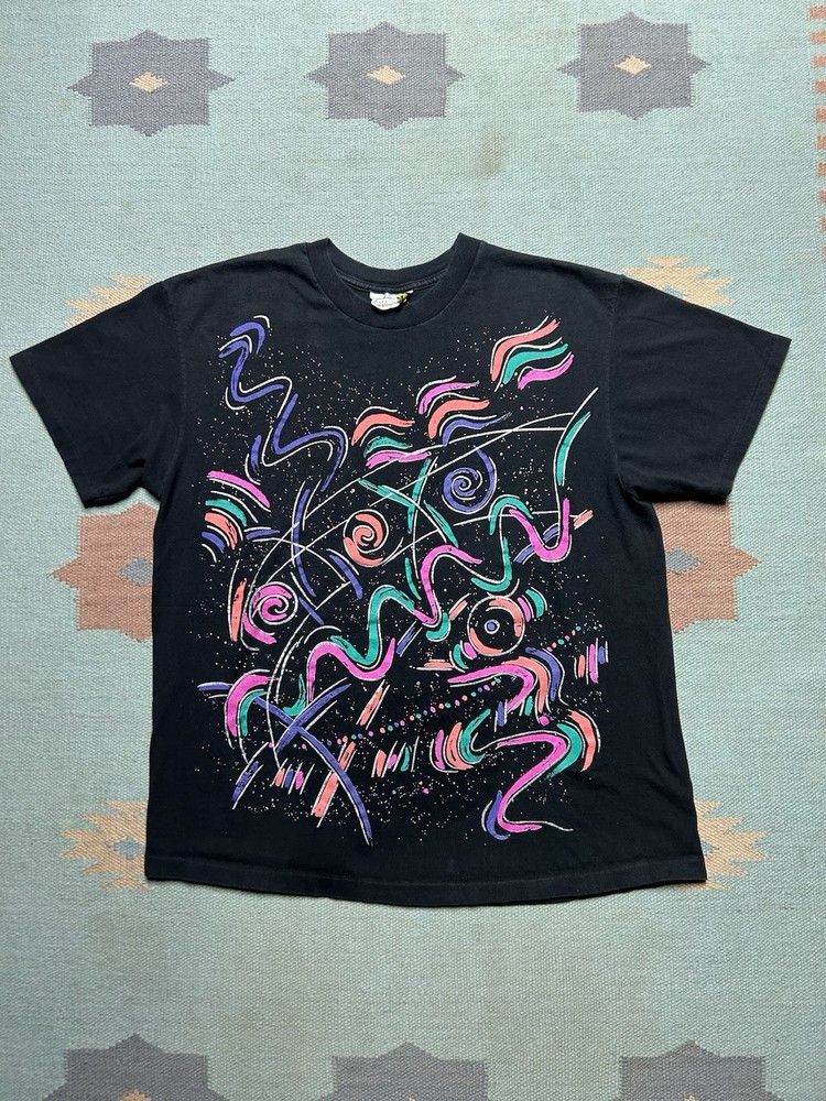 Vintage 90s graphic t shirt abstract art neon colors single stitch black large-image