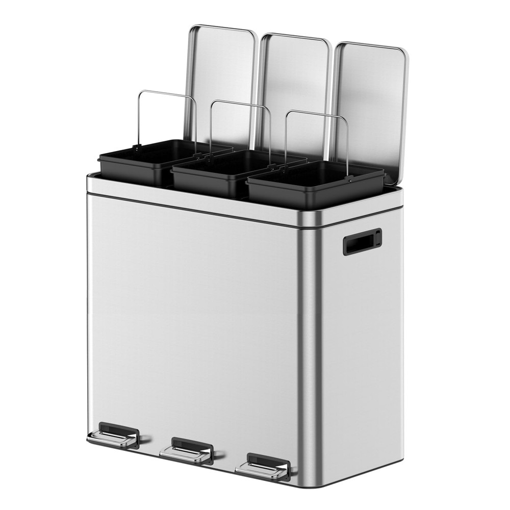 Takywep 3 x 5.3 Gallon Kitchen Trash Can, 3 Compartment Garbage Can, Stainles...