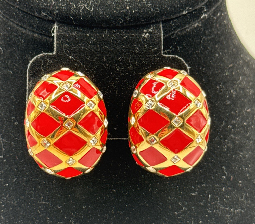 St John Large Vintage Gold Tone Crystal Red Enamel Classic Clip Earrings