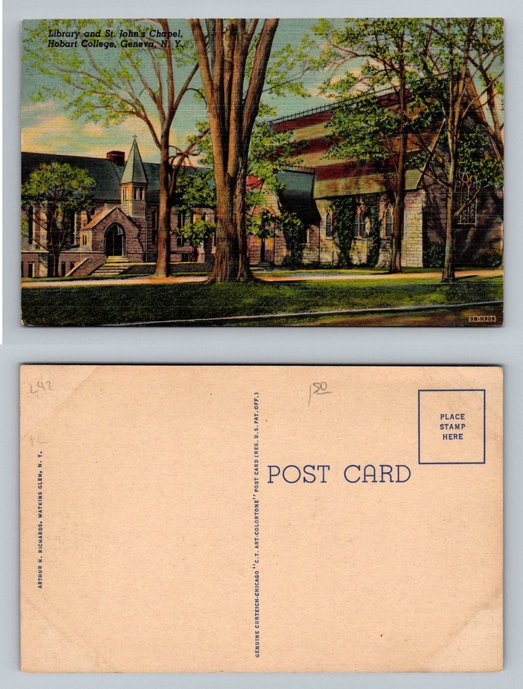 Geneva, NY-New York, Hobart College Library & St. Johns Chapel Vintage Postcard