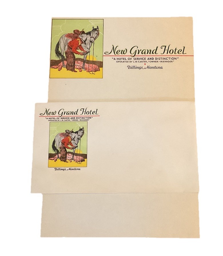 New Grand Hotel Billings Montana Cowboy Horse Letterhead Stationery Set H2