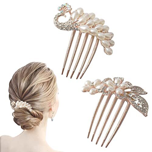 2 Pcs Pearl Hair Comb Flower Hair Side Combs Clip Peacock Twist Comb