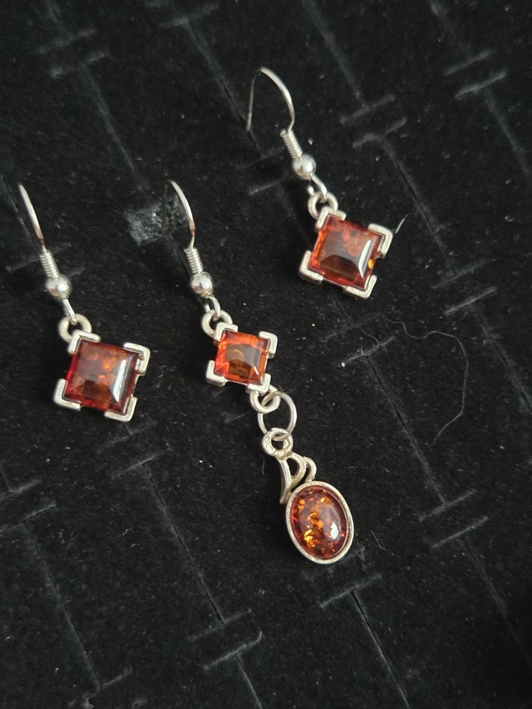 Vintage Baltic Amber Earrings Lot Of 3 Silver Tone Square Pierced Dangles
