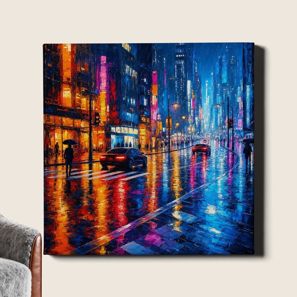 Rainy City Street Canvas Print Colorful Neon Lights Urban Painting