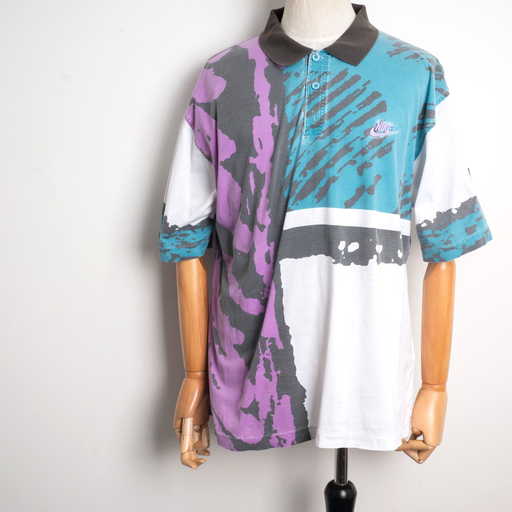 Vintage Nike Mens Challenge Court Graphic Multi Color Abstract Polo Shirt Size L-image