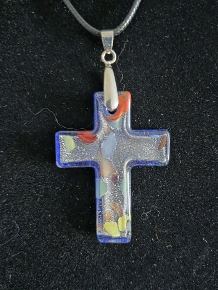 Large Vintage Blown Glass Art Pendant on Leather Necklace Blue Cross Crucifix