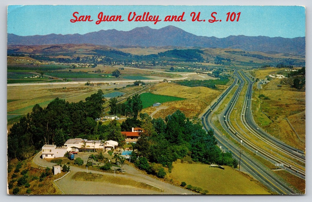 San Juan Capistrano California~Fertile Valley Air View~US Hwy 101~1950s Postcard