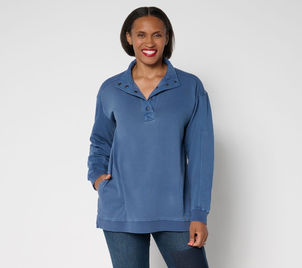 SUNNYLiFE Women's Top Plus Sz 2X Long Sleeve French Terry Henley Blue A698994