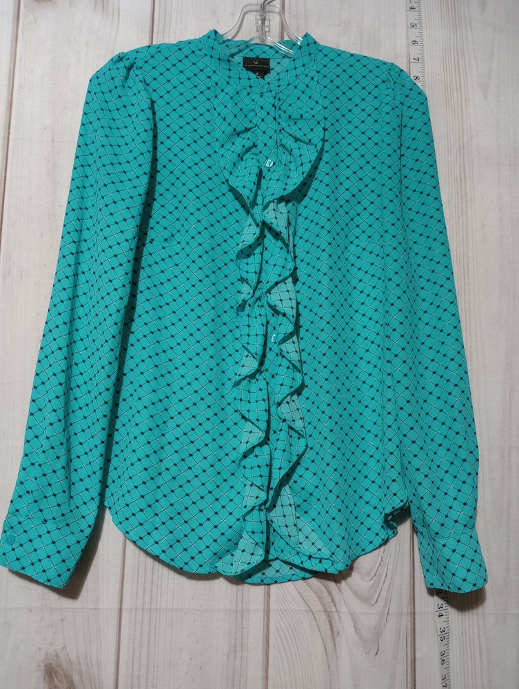 Worthington Womens Small Ruffle Front Geometric Long Sleeve Blouse